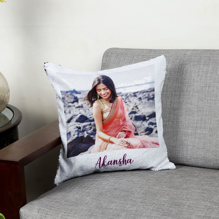 Custom Sequin Cushion For Her - Silver
