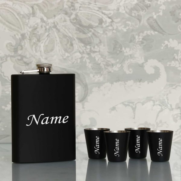 Customize with Name - Black Hip Flask Set