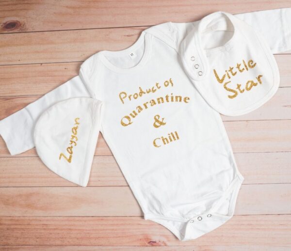 Customized New Born Full Sleeves Baby Romper + Cap + Bib Combo - White Gold Glitter