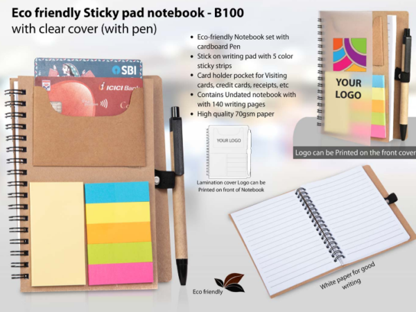 B100 –Eco friendly Sticky pad notebook with clear cover (with pen)