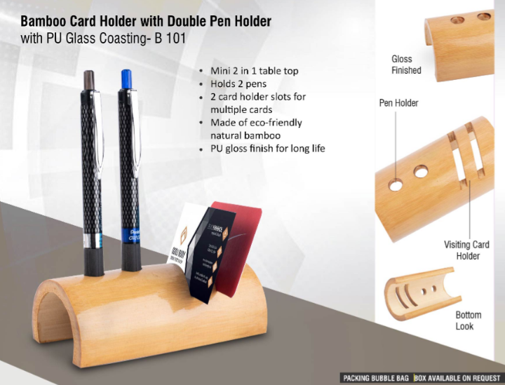 B101 –Bamboo card holder with double pen holder (with PU Gloss coating) MOQ 500