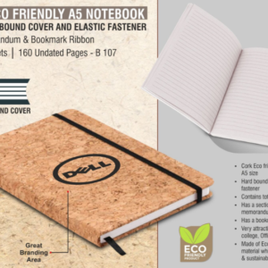 B107 –Cork Eco friendly A5 notebook with Hard bound cover and Elastic fastener | With memorandum & Bookmark ribbon | 80 gsm sheets | 160 undated pages