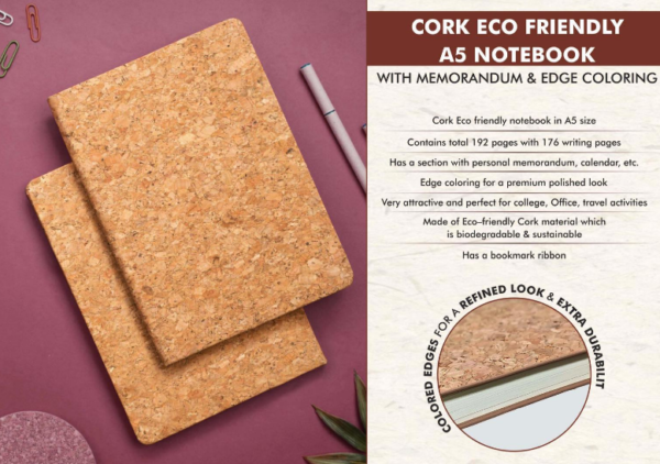 B109a – Cork Eco friendly A5 notebook with Memorandum & Edge coloring | 80 gsm sheets | 192 pages