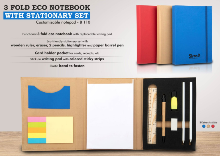 B110 –3 fold Eco Notebook with stationary set | Customizable notepad