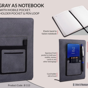 B113 –Soft Gray A5 notebook with mobile pocket, card holder pocket & pen loop by Castillo Milano