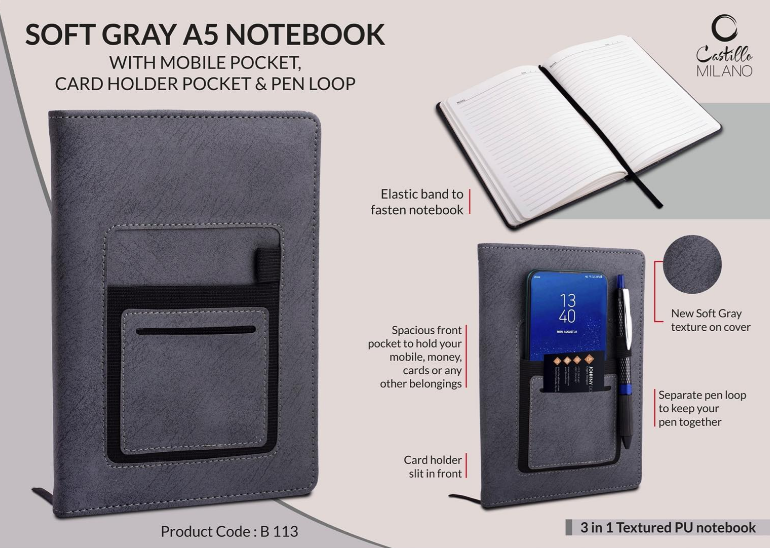 B113 –Soft Gray A5 notebook with mobile pocket, card holder pocket & pen loop by Castillo Milano