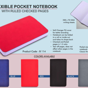 B114 –Flexible Pocket Notebook with Ruled & Checked pages | Soft Changer PU Cover | 200 Writing sheets