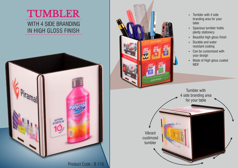 B116 –Tumbler with 4 side branding in high gloss finish | MOQ 200 pcs