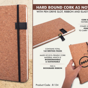 B124 –Hard bound Cork A5 notebook with Pen Drive Slot, Ribbon and elastic fastener