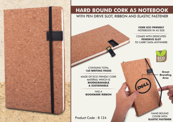 B124 –Hard bound Cork A5 notebook with Pen Drive Slot, Ribbon and elastic fastener