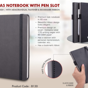 B130 –Alpha A5 notebook with Pen Slot | Two tone finish | With memorandum, Fastener & Bookmark ribbon