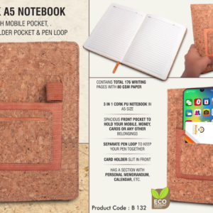 B132 –Cork A5 notebook with mobile pocket, card holder pocket & pen loop