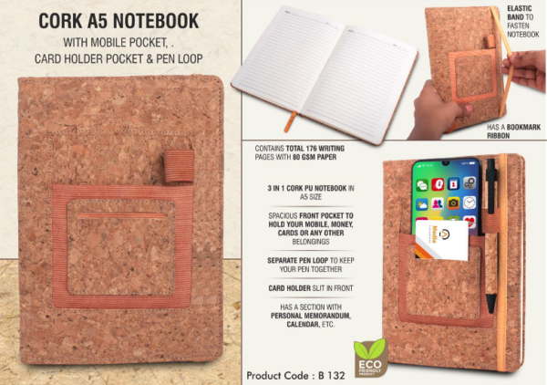 B132 –Cork A5 notebook with mobile pocket, card holder pocket & pen loop
