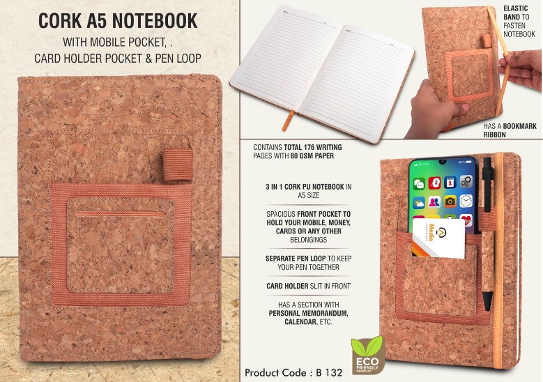 B132 –Cork A5 notebook with mobile pocket, card holder pocket & pen loop