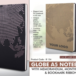 B134 –Globe A5 notebook with memorandum, month planner & bookmark ribbon | 176 writing pages