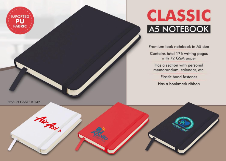 B142 –Classic A5 notebook | Hard bound cover | Pages with memorandum, month planner & bookmark ribbon | 176 writing pages
