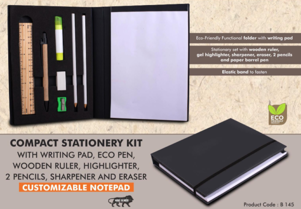 B145 –Compact Stationery kit with Writing pad, Eco Pen, Wooden Ruler, Highlighter, 2 Pencils, Sharpener and Eraser | Customizable notepad