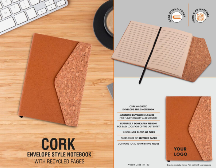 B150 –Cork Magnetic Envelope style Notebook with recycled pages