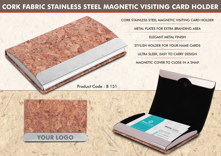 B151 – Stainless Steel Magnetic Visiting Card holder in Cork Material