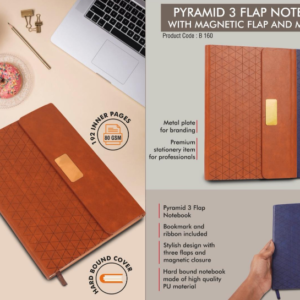 B160 – Pyramid 3 fold notebook with Magnetic flap and metal plate