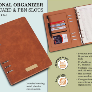 B161 – Personal organizer with Card & Pen slots | Metal plate included | Changeable refill
