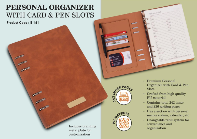 B161 – Personal organizer with Card & Pen slots | Metal plate included | Changeable refill