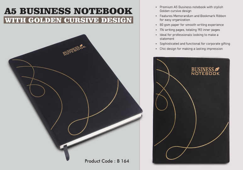 B164 – A5 Business notebook with Golden cursive design