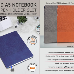 B165 – Cloud A5 Notebook with Pen holder slot and Bookmark Ribbon with Metal clip