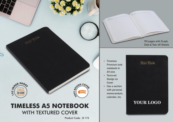 B175 – Timeless A5 notebook with textured cover | 192 pages with Graph, Dots & Tear off Sheets