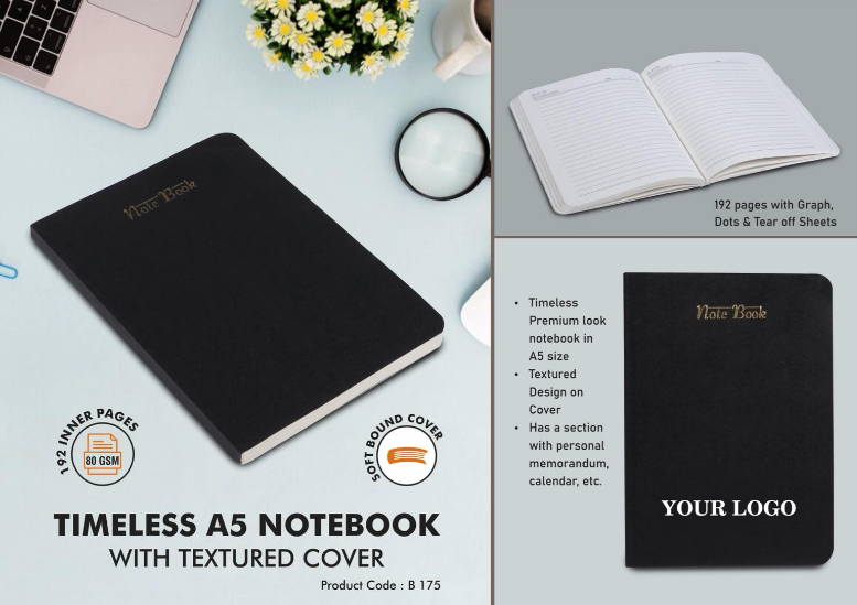 B175 – Timeless A5 notebook with textured cover | 192 pages with Graph, Dots & Tear off Sheets