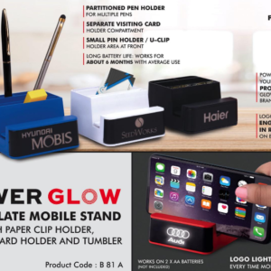 B81a –PowerGlow Dark Plate Mobile stand | With paper clip holder, visiting card holder and tumbler | Works on 2 x AA batteries