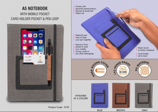B92 – A5 notebook with mobile pocket, card holder pocket & pen loop