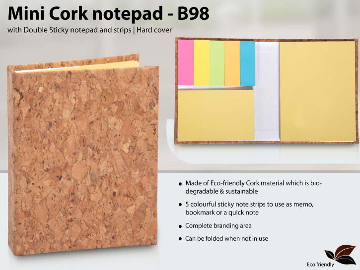 B98 –Mini Cork notepad with Double Sticky notepad and strips | Hard cover