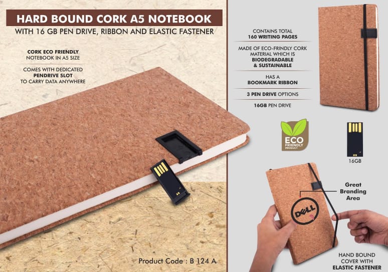 B124a – Hard bound Cork A5 notebook with Pen Drive, Ribbon and elastic fastener- 16 GB USB drive