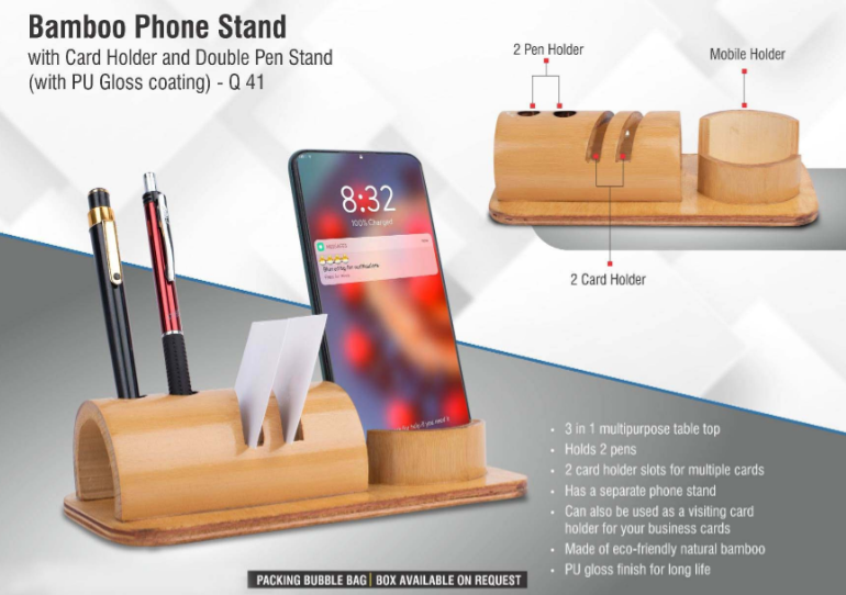 Q41 –Bamboo phone stand with card holder and double pen stand (with PU Gloss coating) - MOQ 500
