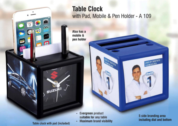 A109 – Table clock with pad and mobile holder (4 Side branding area) (Branding included) (MOQ: 300 pcs)