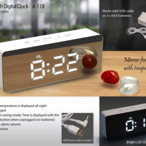 A118 –Mirror finish Digital clock (rectangle) with Temperature (Dual power option) (USB cable included)– Min 10 pcs