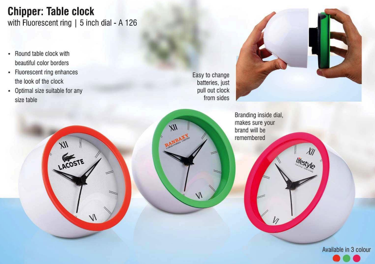 A126 –Chipper: Table clock with Fluorescent ring | 5 inch dial | Branding included MOQ 200pc