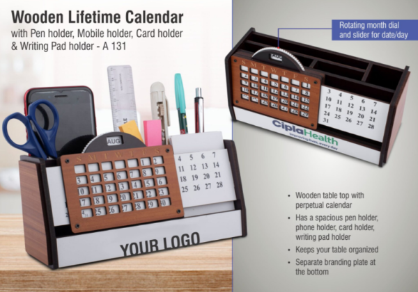 A131 – Wooden Lifetime calendar with Pen holder, Mobile holder, Card holder and Writing Pad holder | Branding included MOQ 100pc