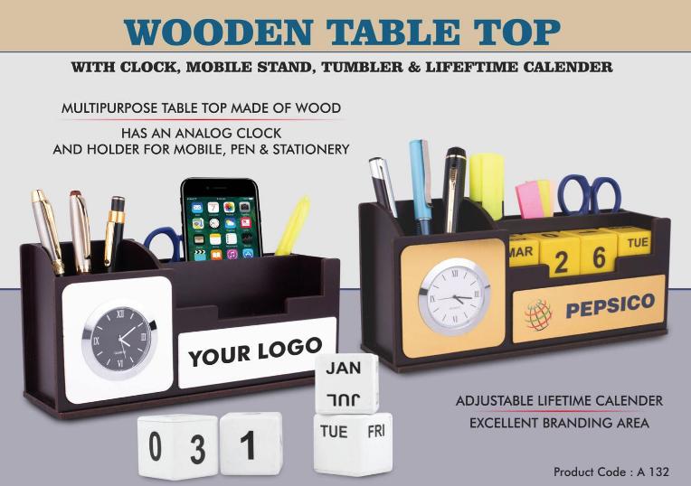 A132 – Wooden Table top with Clock, mobile stand, tumbler, and Lifetime Calendar | Branding included MOQ 100 pcs