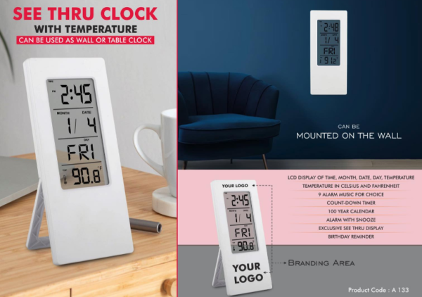 A133 – See Thru clock with temperature | Can be used as wall or table clock