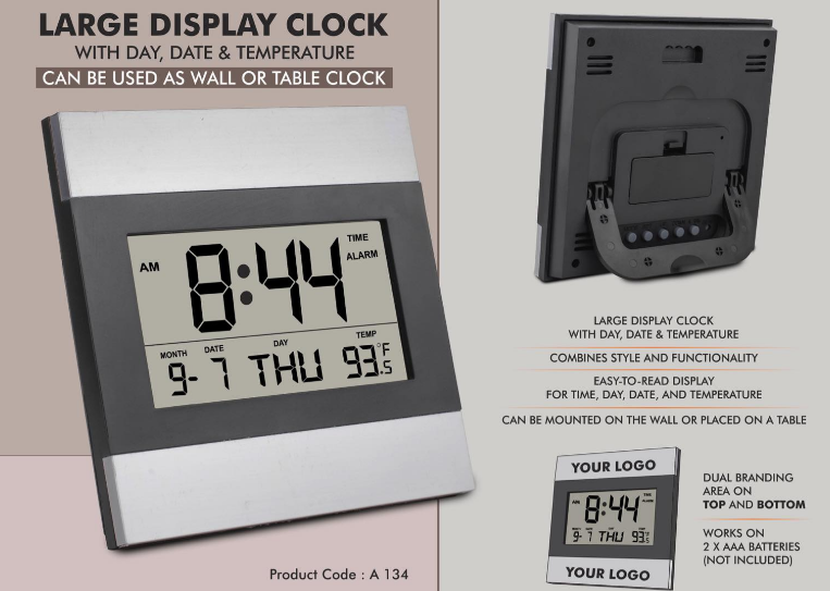 A134 – Large display clock with Day, Date & Temperature | Can be used as wall or table clock
