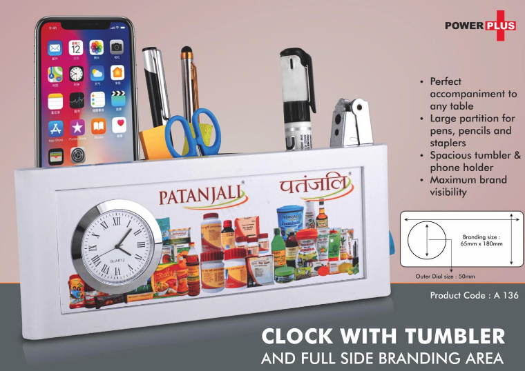 A136 – Clock with tumbler and full side branding area | Branding included MOQ 200 pc