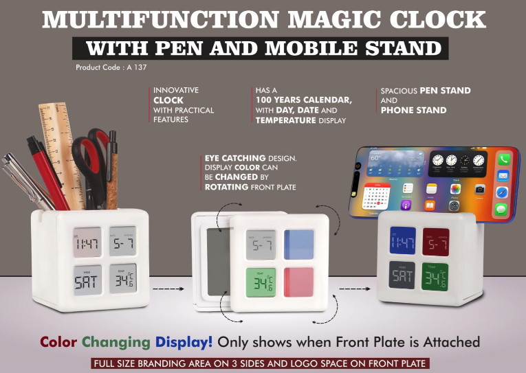 A137 – Multifunction Magic Table Clock with Tumbler | Color Changing Display | Spacious Pen Stand with Phone stand