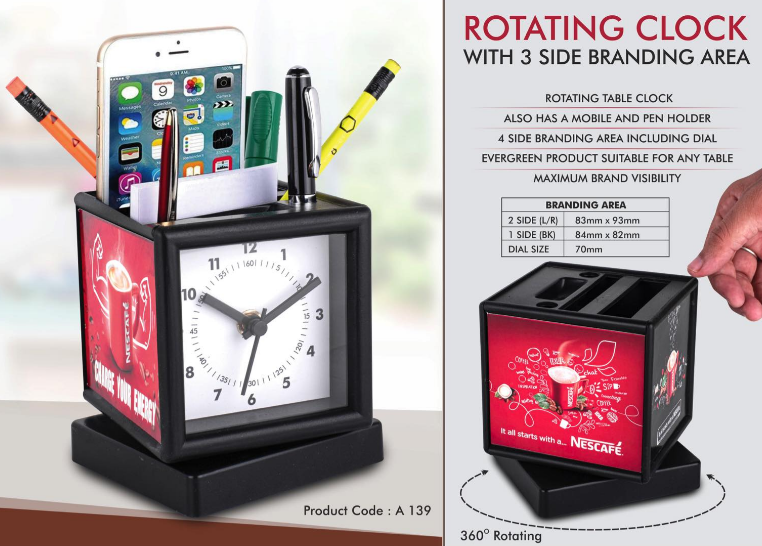 A139 – Rotating clock with 3 side branding area | Has pen stand + large stationery holder | Branding included MOQ 500 pcs