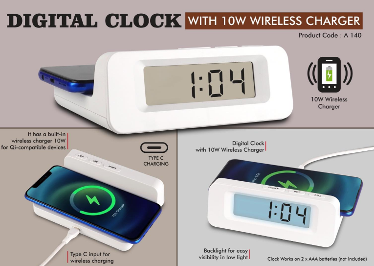 A140 – Digital Clock with 10W Wireless Charger | Type C input for charger