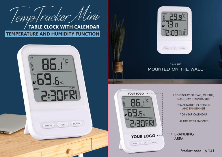 A141 – TempTracker Mini: Table Clock with Calendar, Temperature and Humidity function | Wall Hanging function