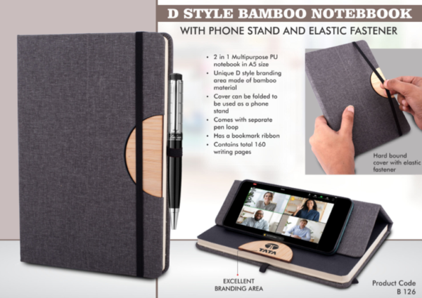 B126 –D style Bamboo notebook with Phone stand and Elastic fastener