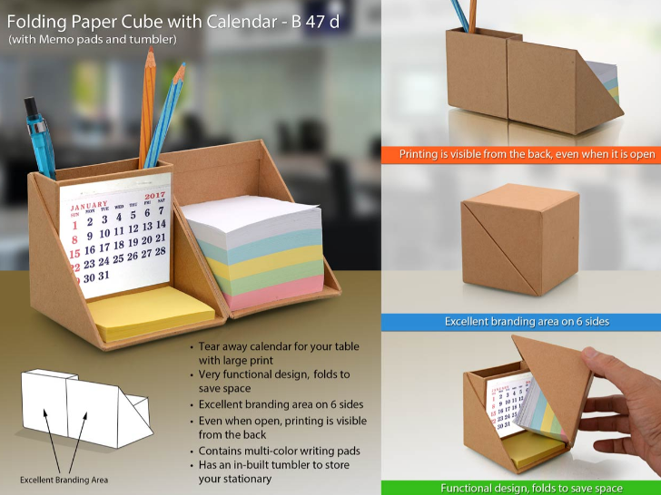 B47D – Folding Paper cube with calendar (with memopad & tumbler)– Min 10 pcs