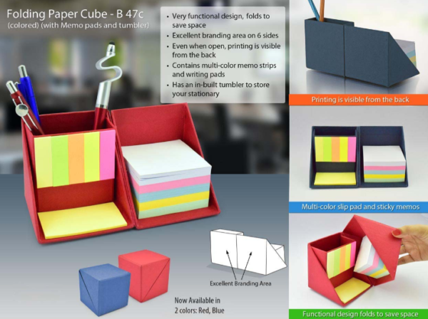 B47c –Folding paper cube in color (with memopad and tumbler)